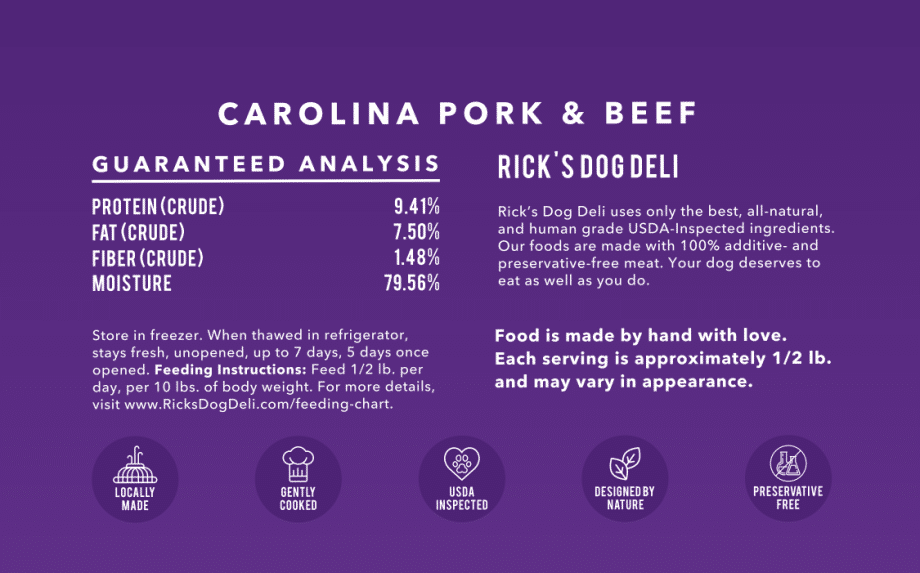 Feeding instructions for Carolina pork and beef food.