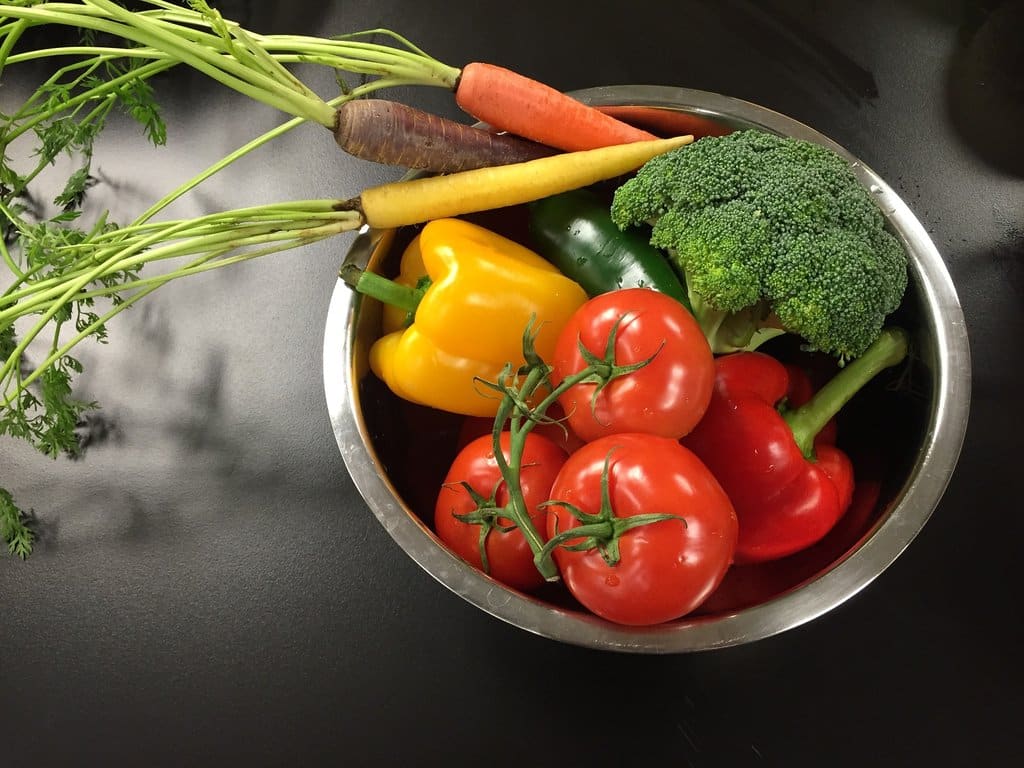 colorful veggies in steel dish